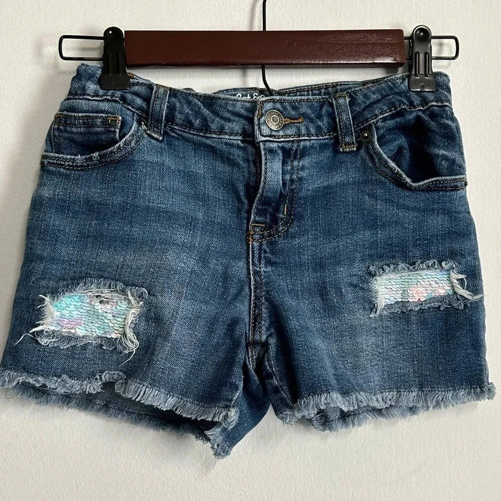 Cat & Jack Girls Denim Jean Shorts‎ Size Large 10 12 Distressed Cutoffs Mermaid